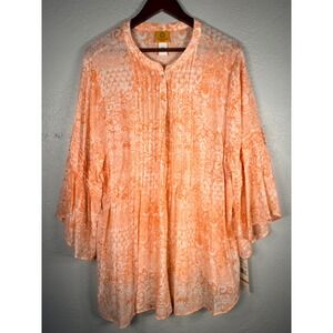Ruby Rd Woman Orange Paisley Pintuck Bell Sleeve Blouse Plus Size 2X New